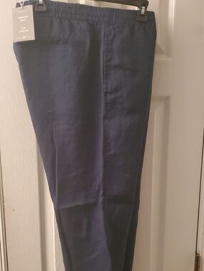 H&M Navy Elastic Waist Natural Linen Pants